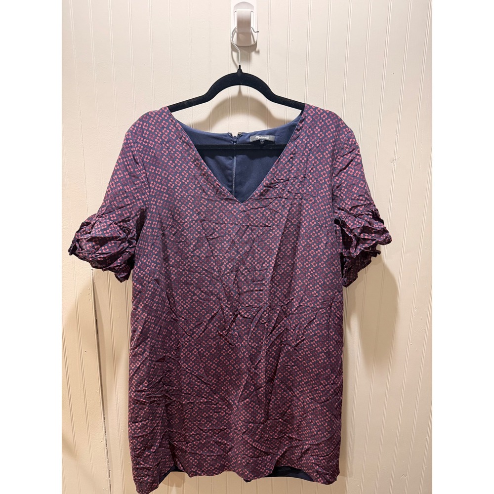 Madewell Navy Pink Floral Clover Ruffle Sleeve V-Neck Shift Dress Size 12‎